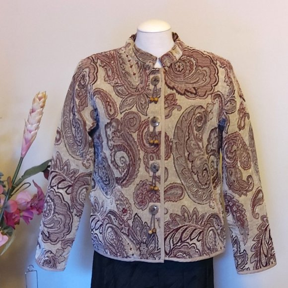 Preowned Zoe Cream Burgundy Floral Print Women's Spring Fall Winter Jacket Size - Picture 5 of 7